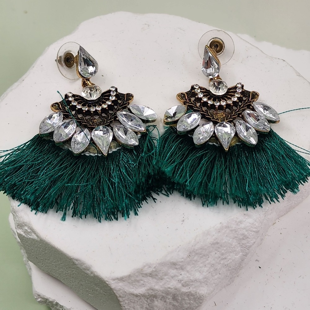 Teal Green Tassel Rhinestone Statement Earrings Gold Tone Boho Festival Dangle